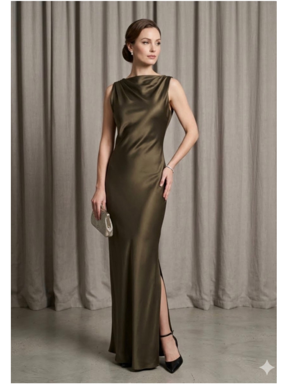 Women's Zara Olive Green Satin Cowl Neck Maxi Dress Size S. 1922